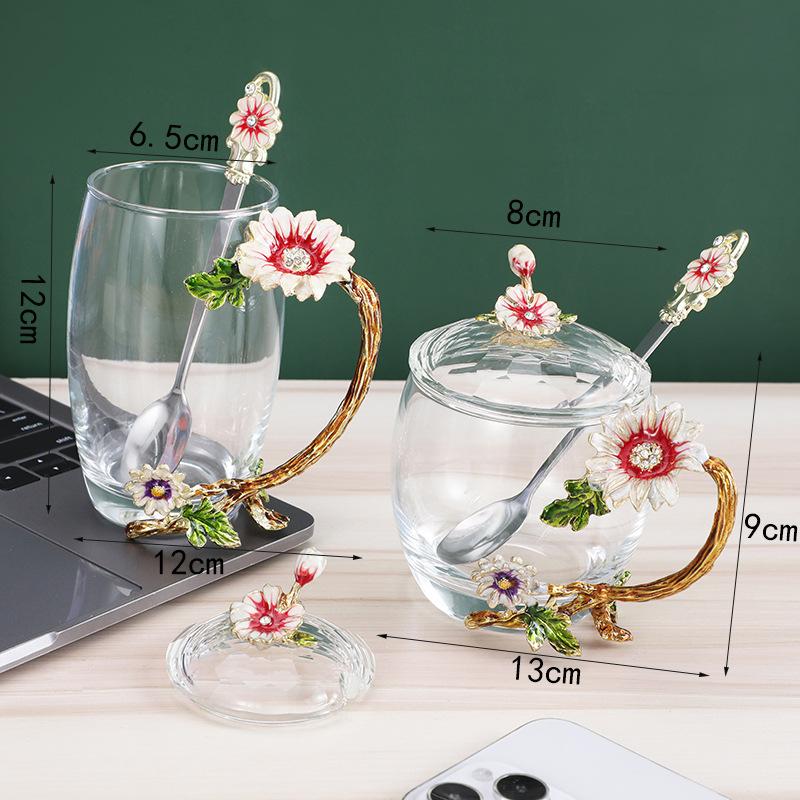Creative Enamel Water Cup Spoon Set Home Luxury Glass Cup with Spoon with Lid Tea Cup Gift Box