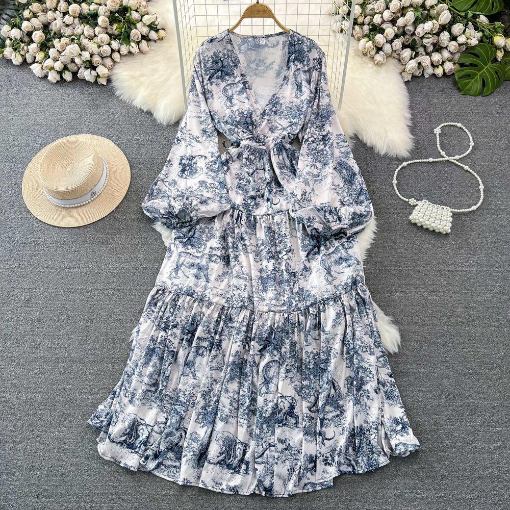 High-end Celebrity Temperament Lantern Long-sleeved V-neck Waist Thin A-word Printed Dress Elegant Pendulum Long Skirt