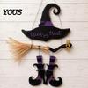 Witch Hat Wall Decor Halloween Boot Sign, Hanging Trick or Treat Decoration Entrance for Home Room, Wooden Front Door Hanger Holiday