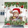 Christmas Cute Highland Cow Shower Curtain, Merry Christmas Farmhouse Funny Western Animals Bath Curtain, Winter Snow Pine Tree