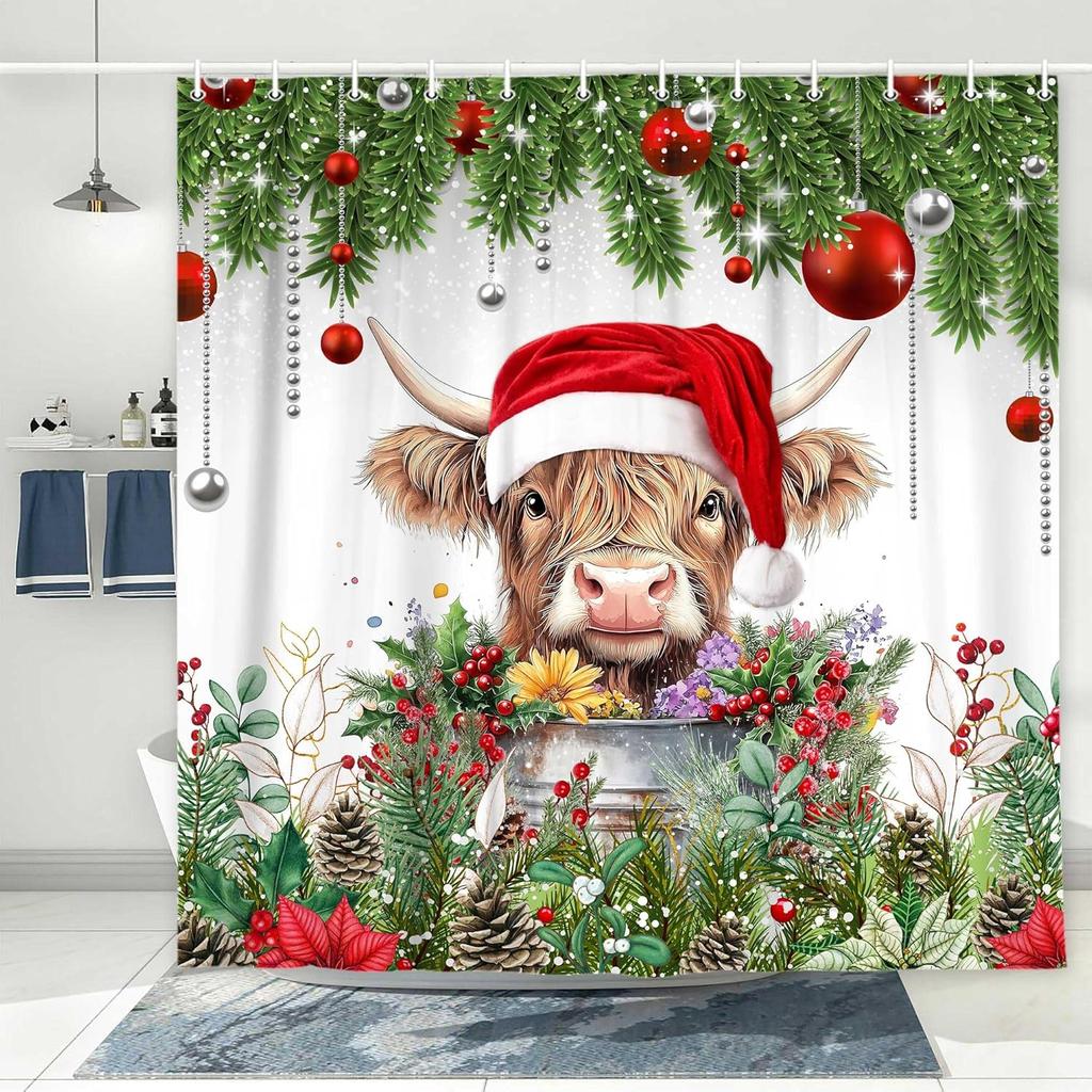 Christmas Cute Highland Cow Shower Curtain, Merry Christmas Farmhouse Funny Western Animals Bath Curtain, Winter Snow Pine Tree