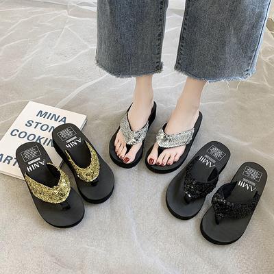 Glitzer, Zehensandalen, Damen, Keilabsatz, Dicke Sohle, Hausschuhe, Strandschuhe, Pantoletten, Glänzend, Damenpantoletten