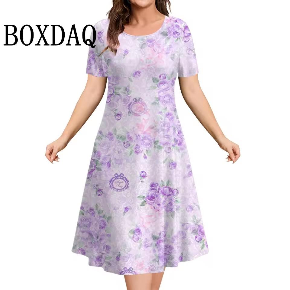 New 2025 Dresses Women 3D Flowers Printing Short-Sleeve Sundress Summer Casual Pullover Fashion Loose Ladies Dresses