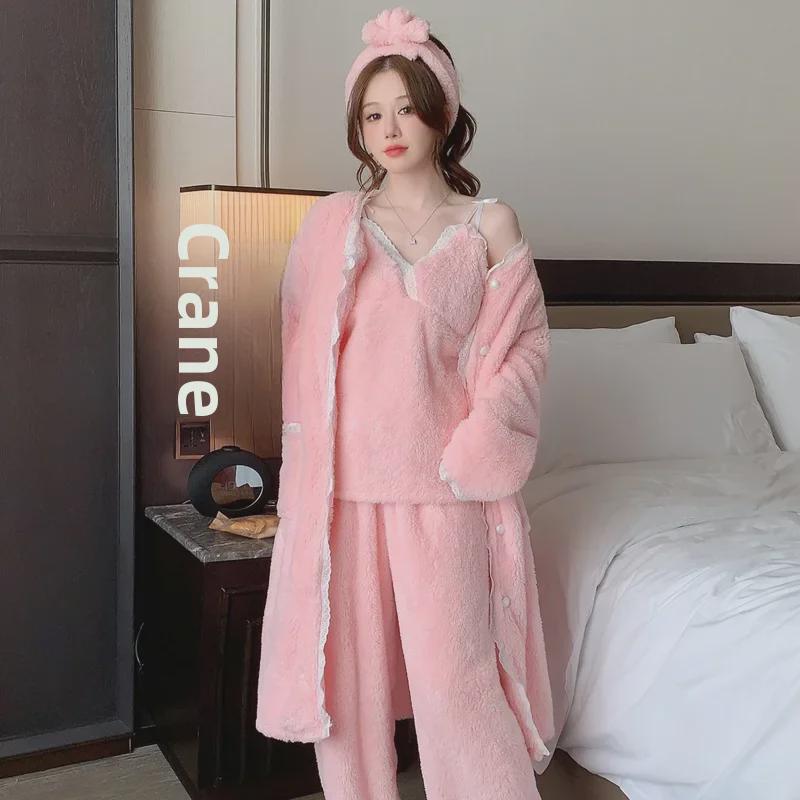 Suspender Trousers & Outer Robe Set with Chest Pad + 3D Hairband - Autumn/Winter Sexy Pajamas Coral Fleece 4-Piece Set.