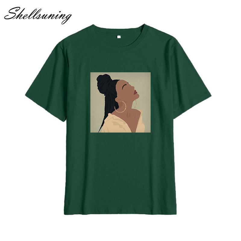 Shellsuning Summer Vintage Printed Cotton T Shirt Women Loose Short Sleeve Trend Tees Female Casual Streetwear All-match Basic Tops