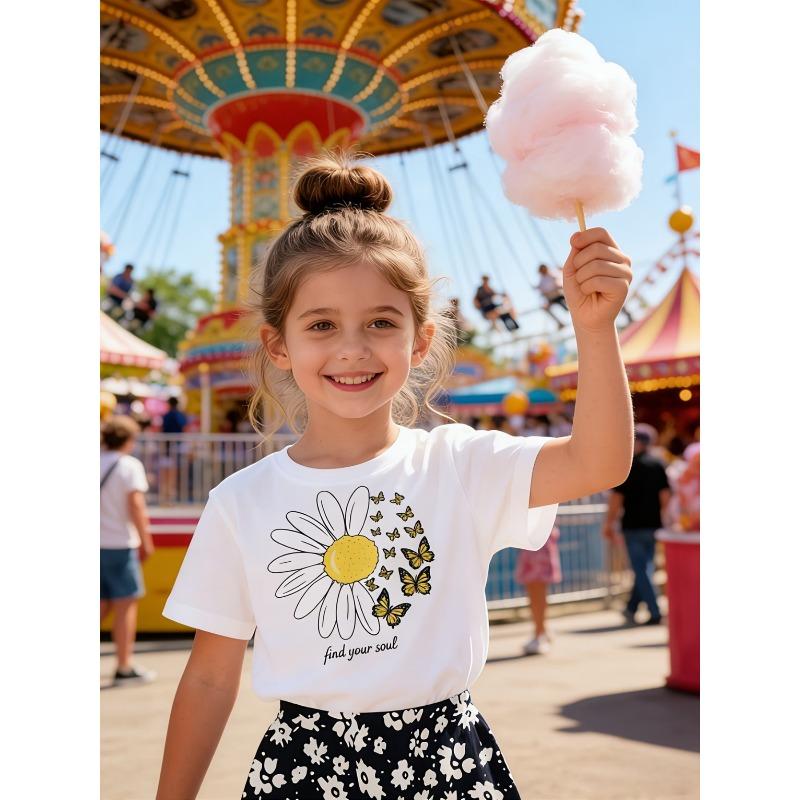 

European sizes Children (1 T-shirt only) Summer casual round neck short-sleeved printed small daisy pattern T-shirt top, suitable for outdoor wear 98cm белый