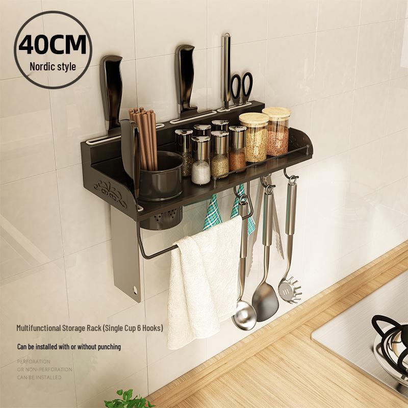 Wall-Mounted 304 Stainless Steel Kitchen Rack: Punch-Free Knife Holder & Multifunctional Seasoning Storage.