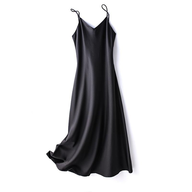 Summer French Acetic Acid Satin Sexy Strap Dress Women's Mid Length Style with Solid Color Underlay Skirt Fashion Women's Wear
