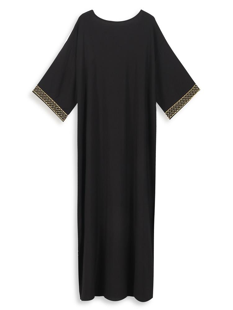 2024 Elegant Gold Embroidered Plus Size Black Kaftan Sexy Bathing Suit Cover Up For Women Summer V-neck Short Sleeve Beachwear Cozy House Dress Q1664