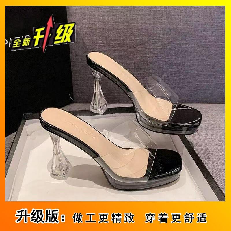 

thick-soled large-size transparent one-word with cool slippers 2025 summer and autumn new waterproof table crystal heel high-heeled sandals women 35