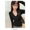 Women's Slim Fit V-Neck Long Sleeve Shirt - Solid Color Korean Style for Spring and Autumn