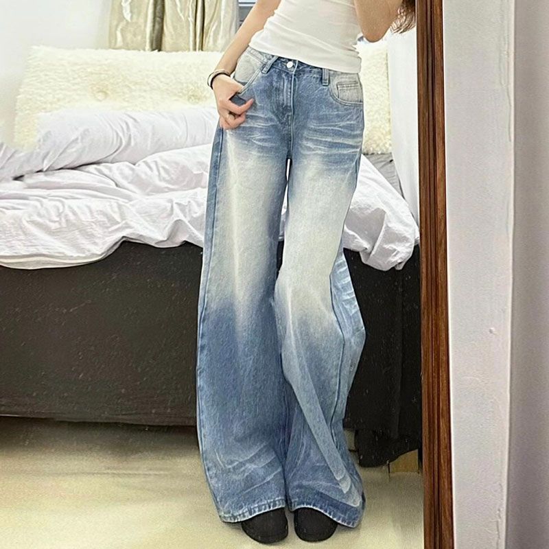 Comfortable Crease Retro Old Done Wide Leg Jeans Women Spring and Summer Loose High Waist Skinny Washed Straight Drag Floor Trousers Long Denim Pants
