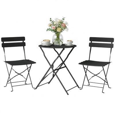 Garden Bistro Set 3 Pieces Table and 2 Folding Slatted Chairs Double Anti-rust Protection Black
