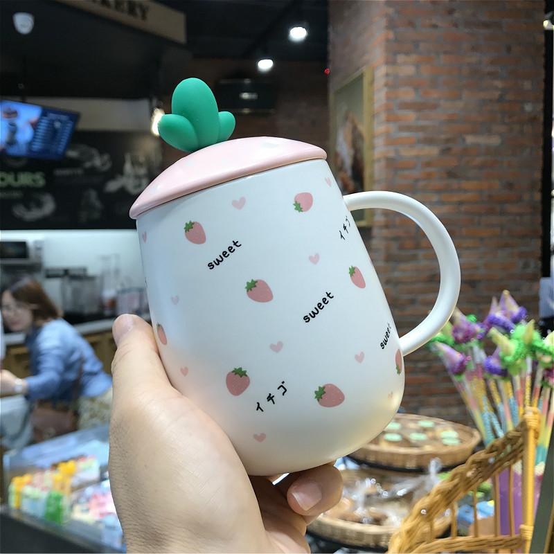 Gift Strawberry Cute Water Cup Super Cute Ceramic Cup with Lid and Spoon Korean Girl Student Mug Office