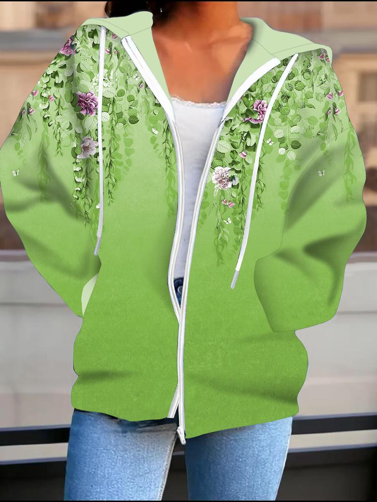 Flower 3D Printed Hooded Cardigan Plus Size Autumn Winter Retro