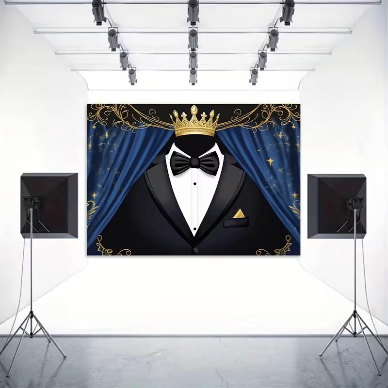 2D Flat Printing Blue Curtain Tuxedo Backdrop for Birthday and Graduation Photoshoot