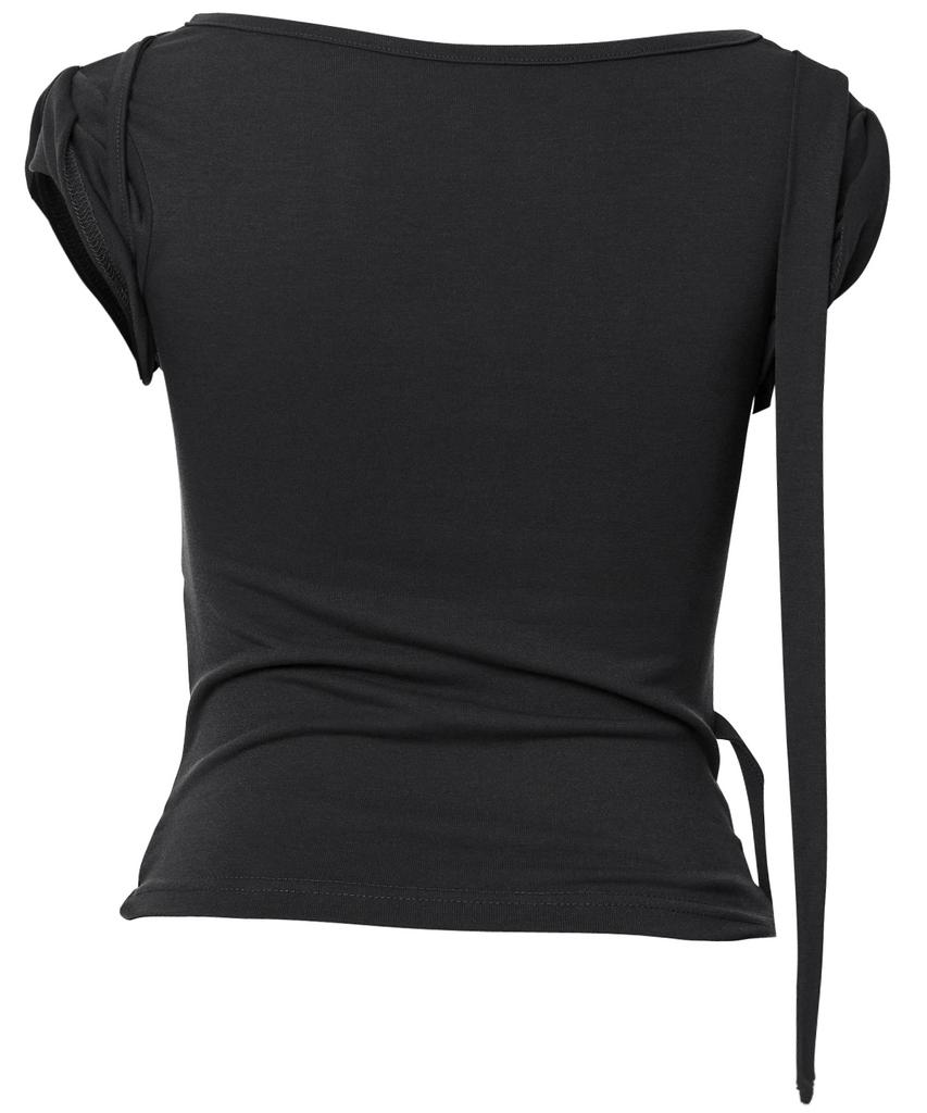 Peulleeoeob Asymmetrical Draped Strap Roll-Up T-Shirt (Fl-170_Black)