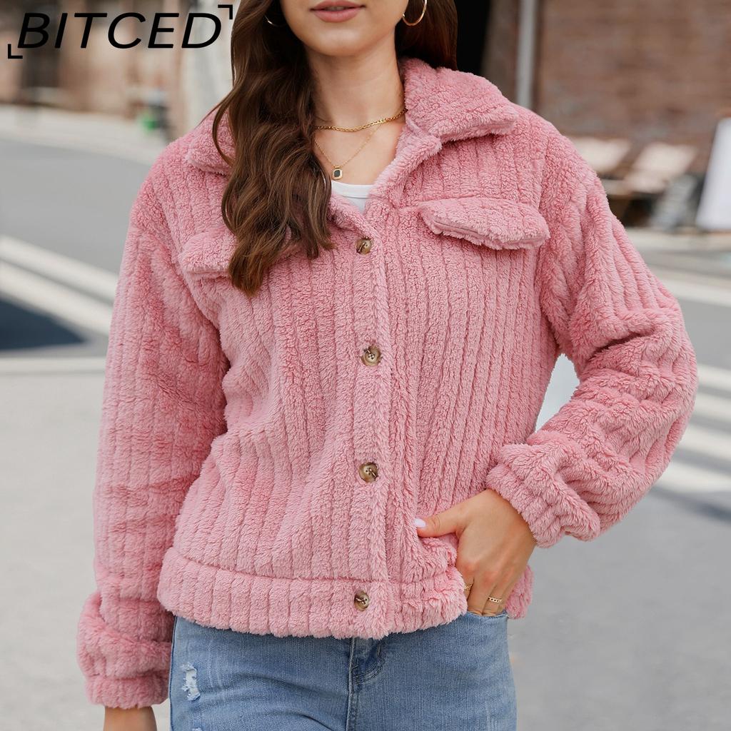 BITCED Women's Fall/Winter Ribbed Fleece Cardigan with Collar, Short-Length Jacket