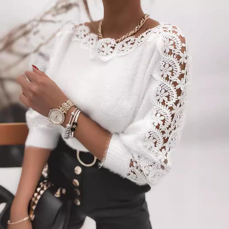 Knitted Sweater Temperament One Collar Lace Patchwork Sleeves Women's Solid Color Knitted Top