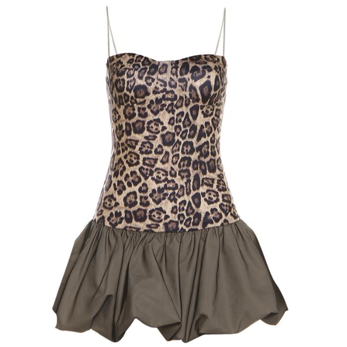 2025 Retro Leopard Print Spaghetti Strap Dress: Slim Fit, High Waist Puff Skirt Mini