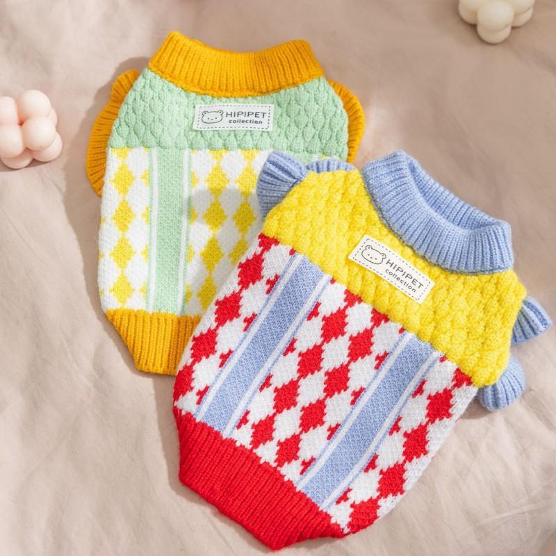 Knitted Dog Sweater With Pineapple Colorblock Grid Design Small Breeds