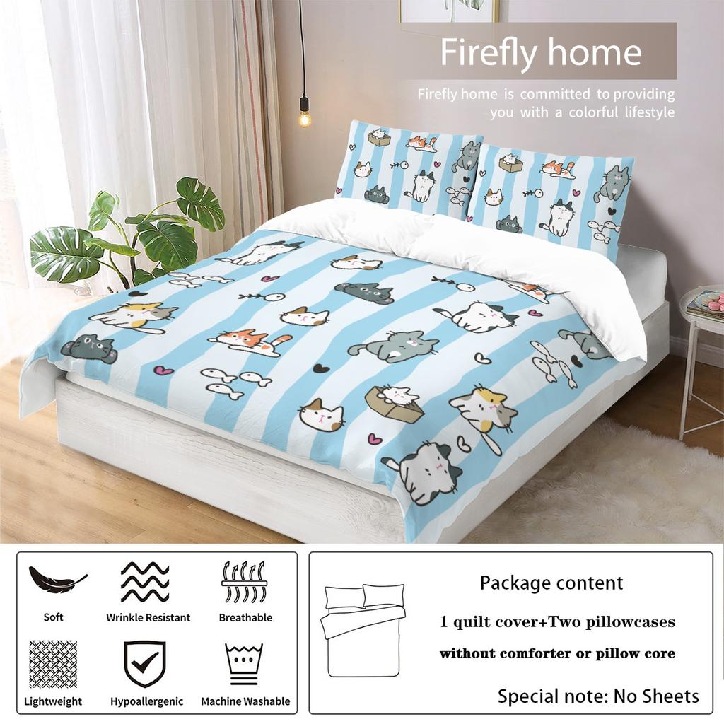 3-piece Down Duvet Cover with Blue Striped Cartoon Cat Pattern Print (1 Down Duvet Cover+2 Pillowcases, No Core) Bedding Set