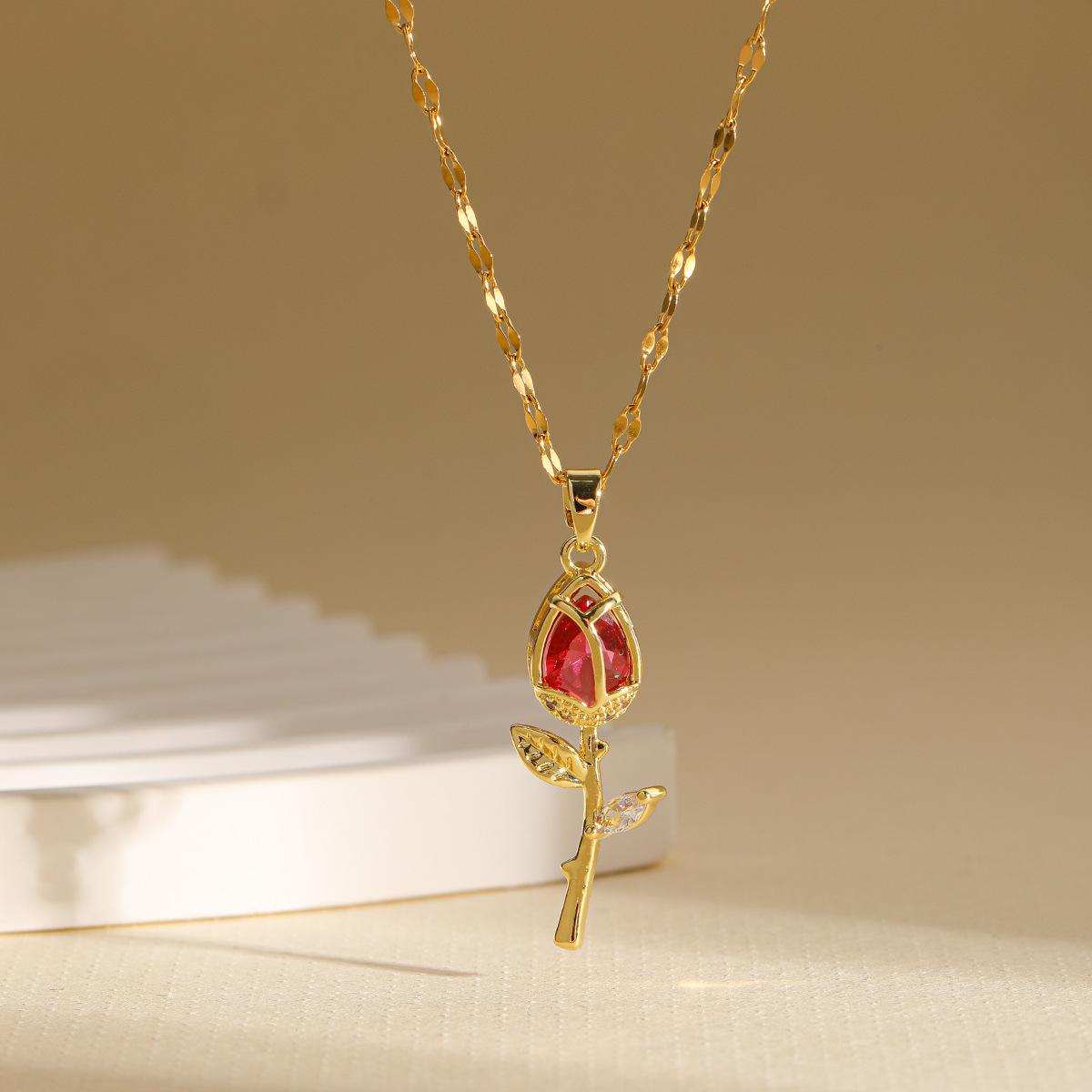 

Элегантное розовое колье-роза для женщин, легкая роскошь, кулон-цветок с цирконами, высококачественное ювелирное изделие, подарок на День святого Валентина для девушки красный