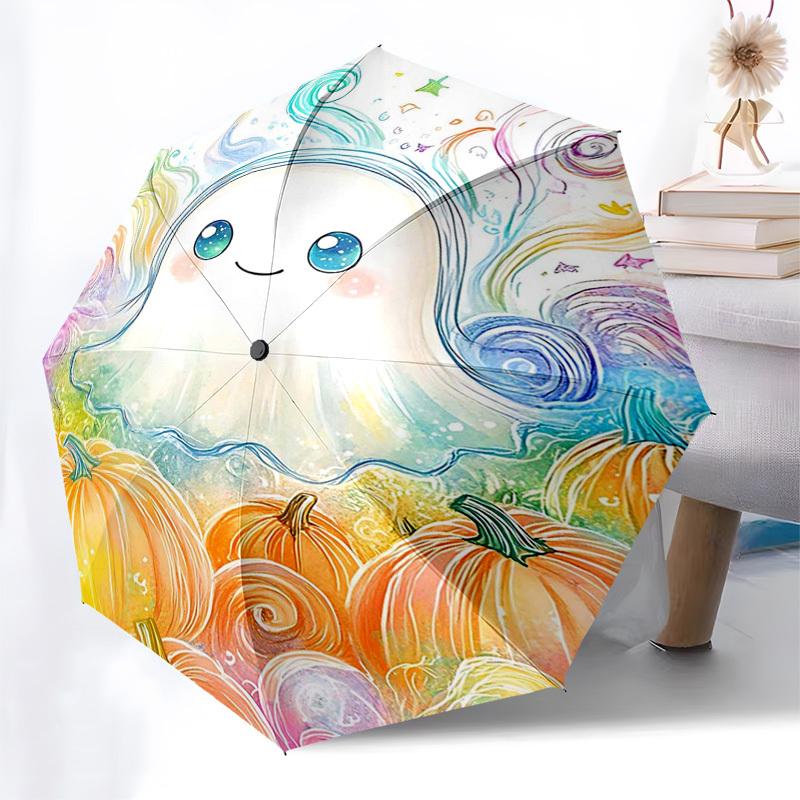 

1pc Colorful Ghost & Pumpkins Design Automatic Opening/Closing Umbrella, Portable Tri-Fold Design with 8-Bone Iron Frame, Perfect for Outdoor Use, Fes