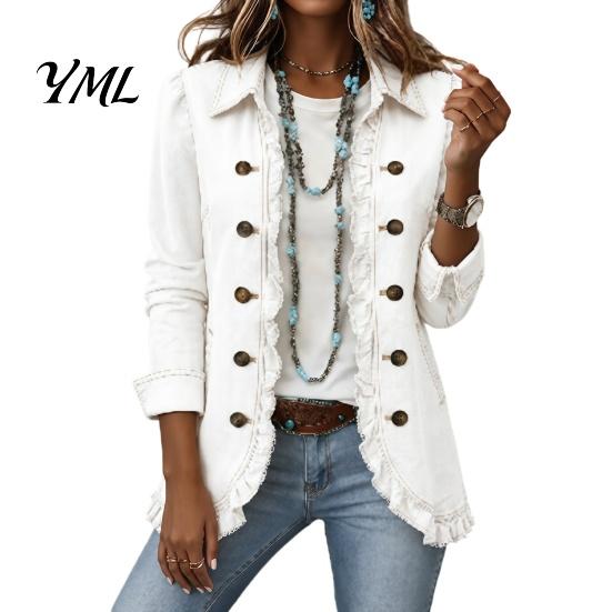 Umlegekragen Jacken Damen Böhmische Blumenjacke, Gerüschter Offener Mantel, Jacke Schlanke Passform Lässig Langarm Oberbekleidung für den Herbst