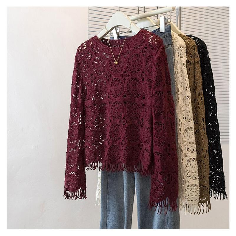 Suéter Top Crochê Vazado de Cor Sólida Elegante com Manga Longa Moda Gola Redonda Retrô Pulôver de Outono