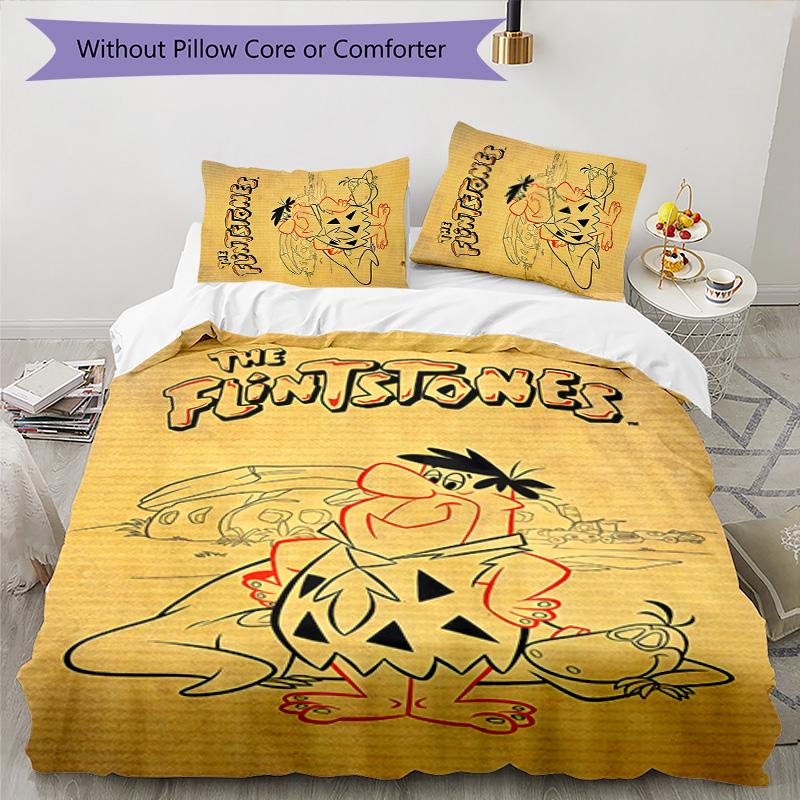 Flintstones 3pcs Bedding Set Duvet Cover Closure Includes 1 Duvet Cover & 2 Pillowcases for All Seasons Bedroom Home Dorm Decor