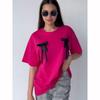 T-shirt casual versatile a manica corta con fiocco da donna, scollo rotondo, alla moda, larga