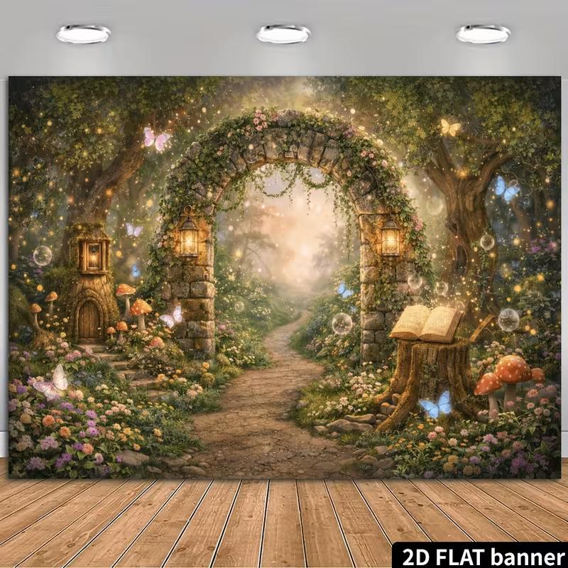 2D Whimsical Butterfly Forest Backdrop Photography Background