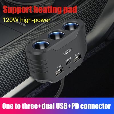 120W Car Charger 12V 24V 3 Socket Cigarette Lighter Splitter Dual USB PD Car Power Conversion Plug Fast Charge Adapter For Phone