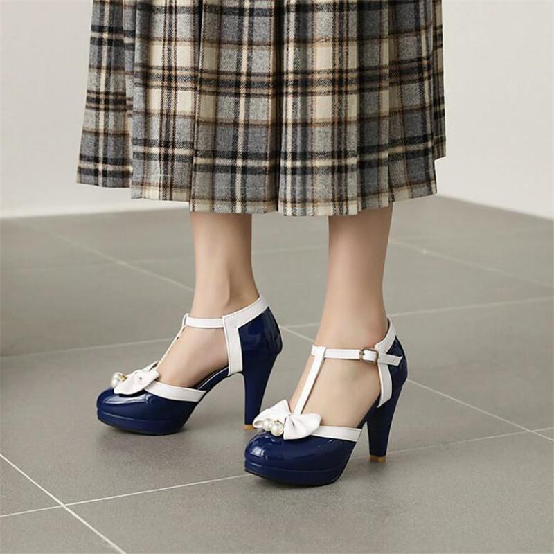 Girls High Heels Women Mary Janes Pumps Women 9cm Heels Shoes Sweet Bowtie Lolita Shoes Buckle Strap Wedding Bridal Shoes