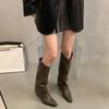 Autumn Winter Women Knee-High Boots Fashion Rivet Western Knight Booties Pointed Toe Square Heels Female Shoes