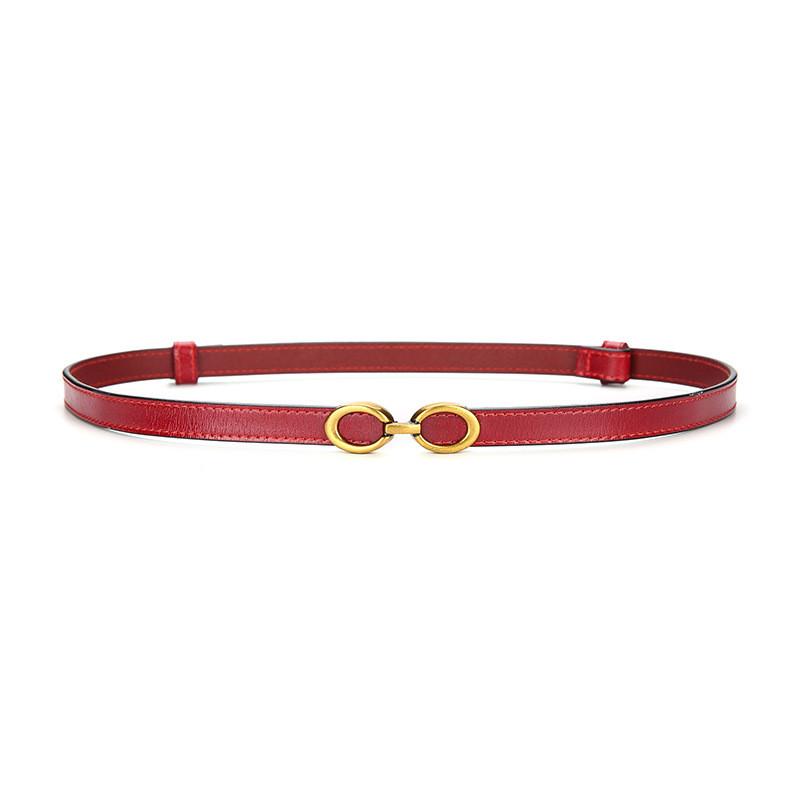 Leather Womens Skinny Belt With Round Metallic Buckle For Casual Outfits Red