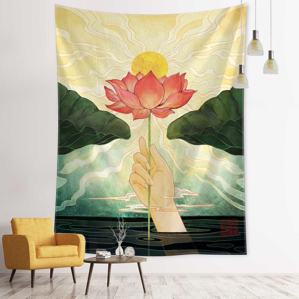 

Бергамот Лотос Гобелен Настенная Картина Маслом Иллюстрация Богемный Стиль Эстетика Комнаты Домашний Декор 150x100 cm
