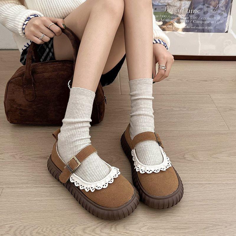 Japanese Lace Cute Round Head Velvet Warm Cotton Shoes 2025 Autumn and Winter New Versatile Light Mouth Mary Jane Shoes Women