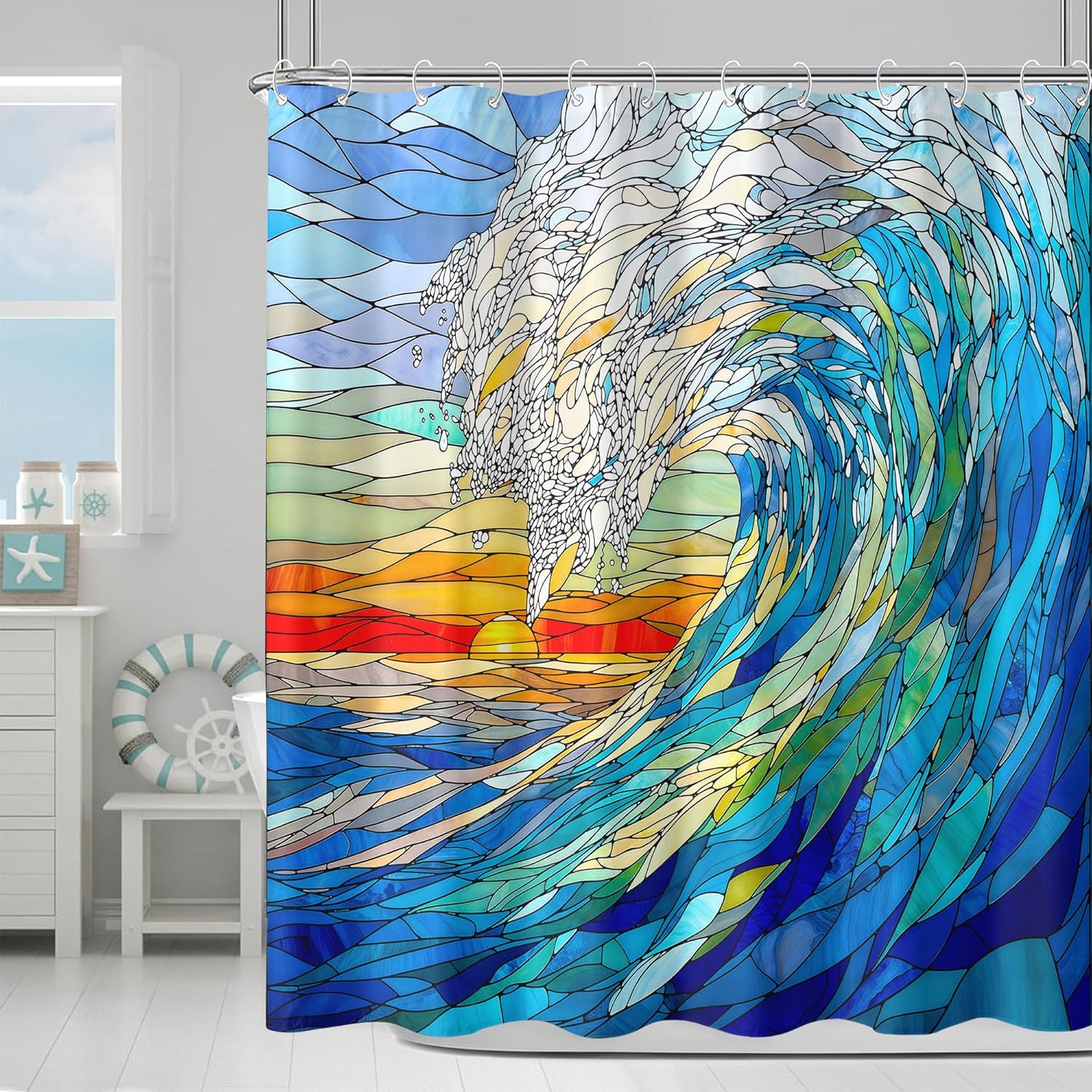 

Stained Glass Wave Shower Curtain – Blue & White Ocean Art, Modern Nature-Inspired Bathroom Decor W60H190(CM)-1 Pcs