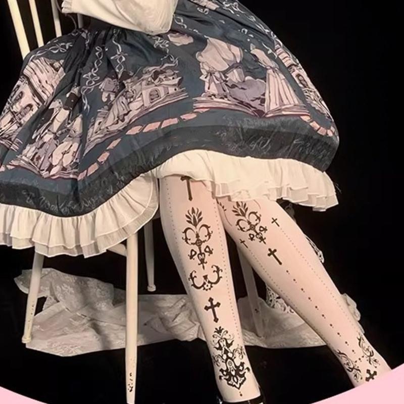 Women's Japanese Gothic Grunge Pantyhose Stockings Harajuku Aesthetic Crosses Print Opaque Tights Leggings Hosiery