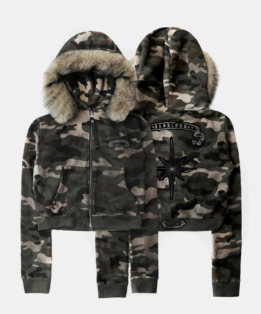 Badblood Cosmo11 Detachable Fur Hoodie Zip-Up - Green Camo