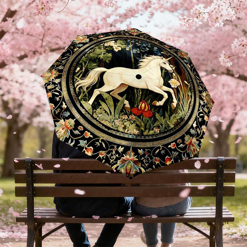 1PC Unicorn Floral Umbrella-8-Rib Reinforced, Automatic Open, Lightweight & Durable, Cute Fashion Accessory for Outdoor, Beach or Casual Use, Beach Um