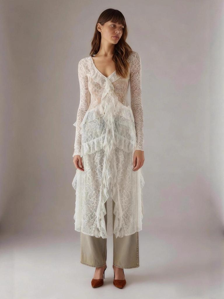 Elegant Resort-Style Lace Cover-Up Dress with Flowing Ribbons
