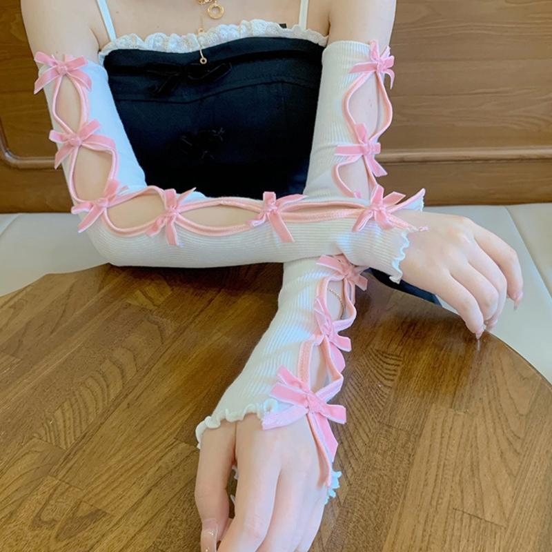 Flocking Bowknot Arm Sleeves for Women Teens Girl Elegant Hollowed Out Decorative Sleeves JK Arm Decors Party Oversleeve