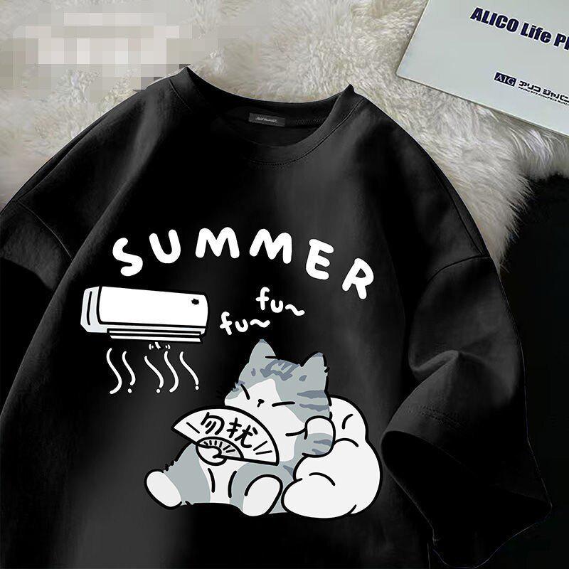 Children's Summer Cute Cat Cotton T-Shirt - Girls' Medium/Large, Boys' Trendy Brand, Short-Sleeved