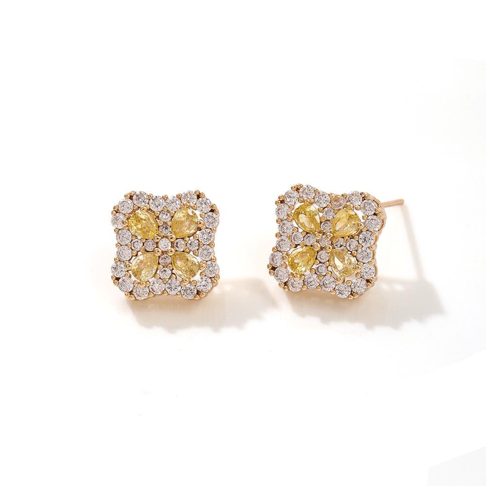 Trendy Four-Leaf Clover Earrings with Colorful Zircon and Gold-Plated Copper, featuring a Full Yellow Diamond Design for Elegant Ladies.
