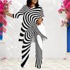 Women Plus Size Two Piece Set Round Neck Long Sleeve Black White Striped Printed Layered Top And Long Pants