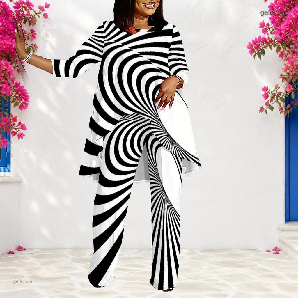 Women Plus Size Two Piece Set Round Neck Long Sleeve Black White Striped Printed Layered Top And Long Pants