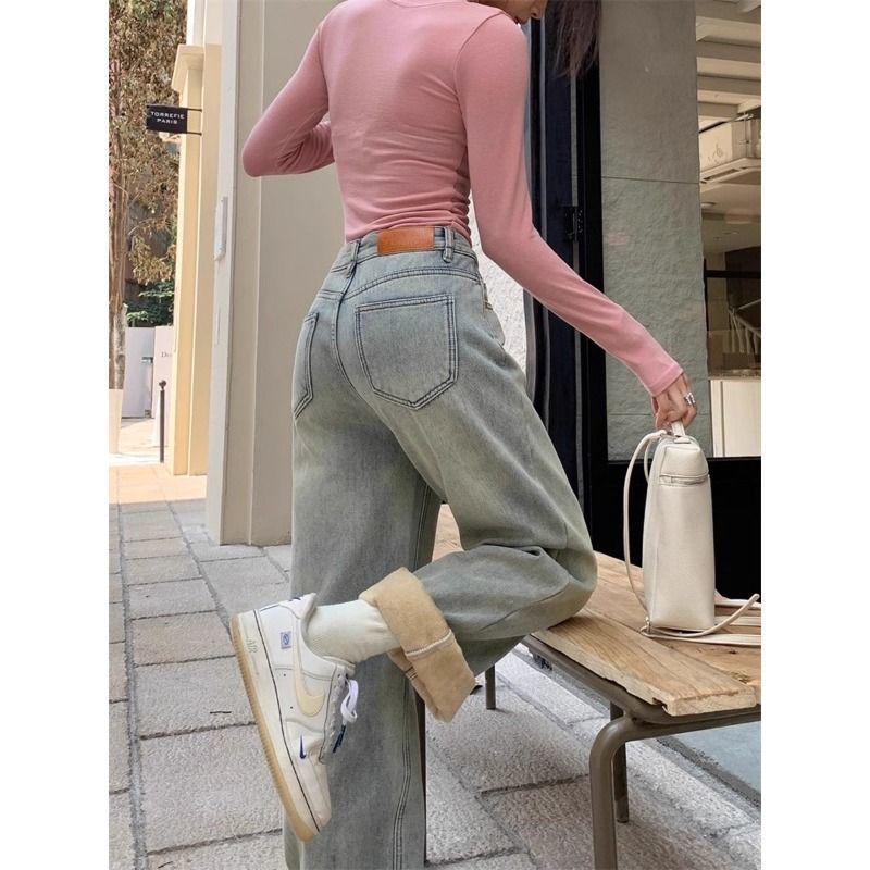 Women's High-Waisted Fleece-Lined Retro Light Blue Wide-Leg Jeans - Winter Slimming Straight Pants
